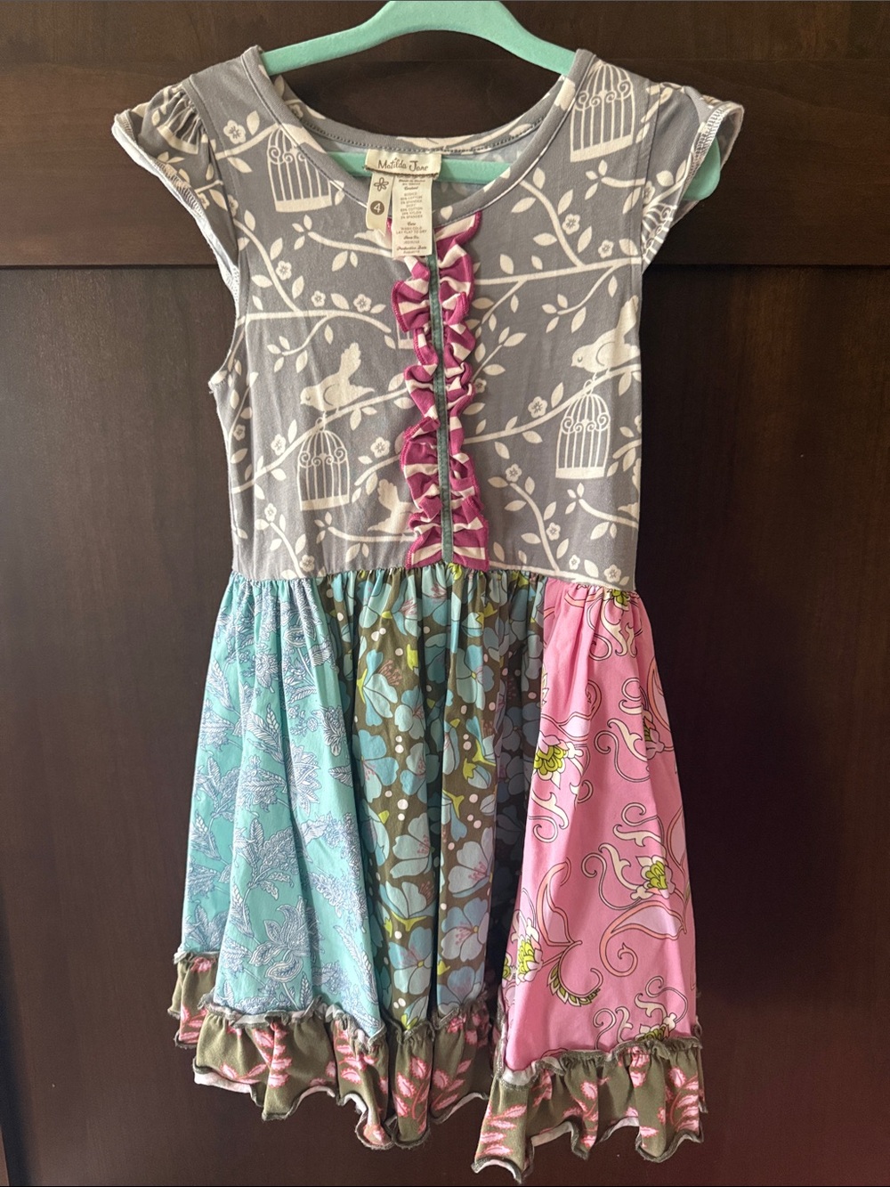 Matilda Jane Gray Bodice Patchwork Dress with Pink & Aqua Panels